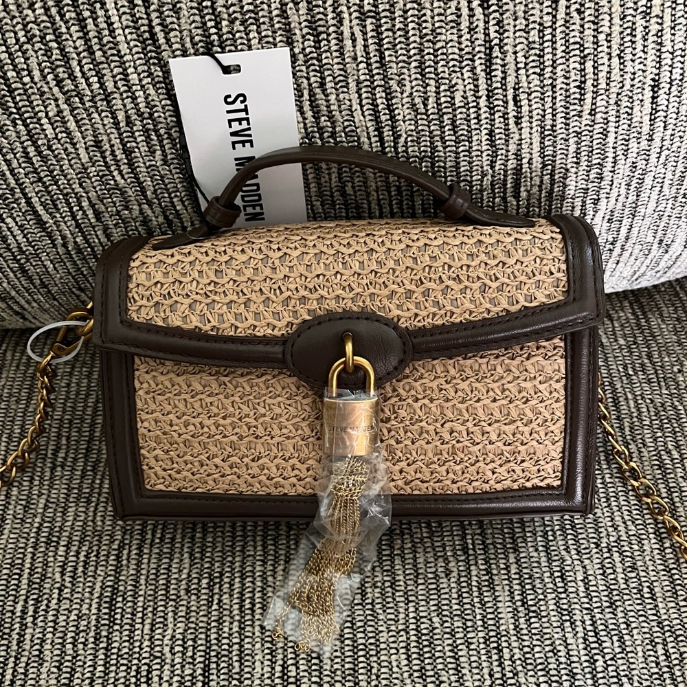 Steve Madden Brown and Natural Woven Top-Handle Bag w detachable crossbody strap